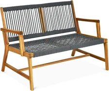2-Person Patio Acacia Wood Bench Loveseat, Outdoor Patio Rope Bench in Teak Oil
