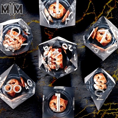 Dungeon Meowster Black Liquid Core DnD Cat Dice Set 7pc   HANDMADE 