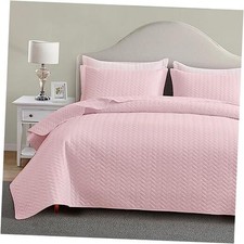 Quilt Set Queen Size, Lightweight Pink Bedspread Ultrasonic Chevron Pattern