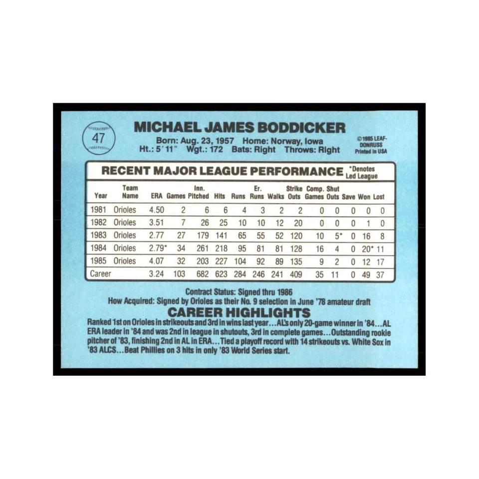 1986 Donruss Mike Boddicker Orioles #47 - Image 2 of 3