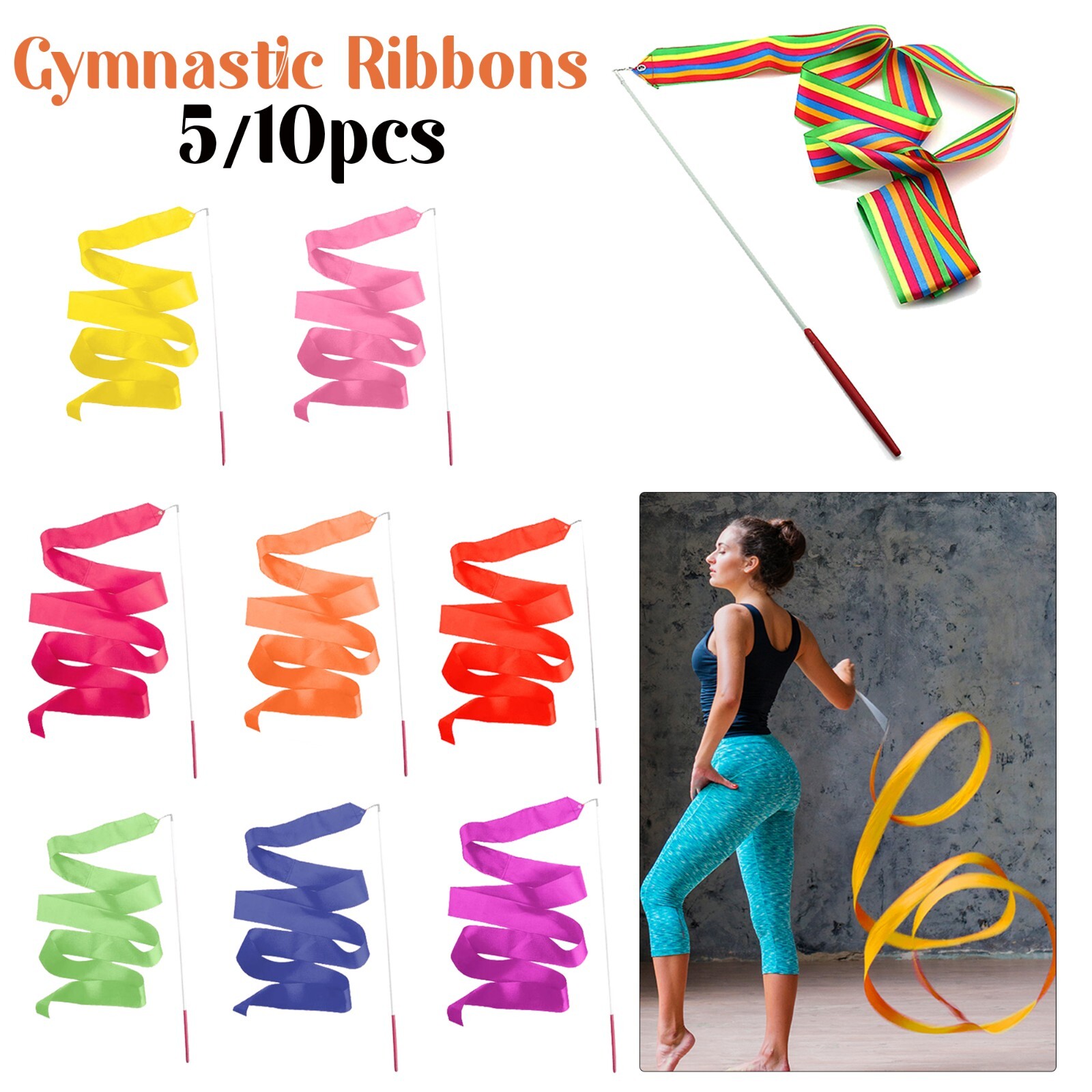 Cinta 4M Gimnasio Danza Arte Rítmico Gimnasia Streamer Bastón Varilla Giratoria 5/10 un.