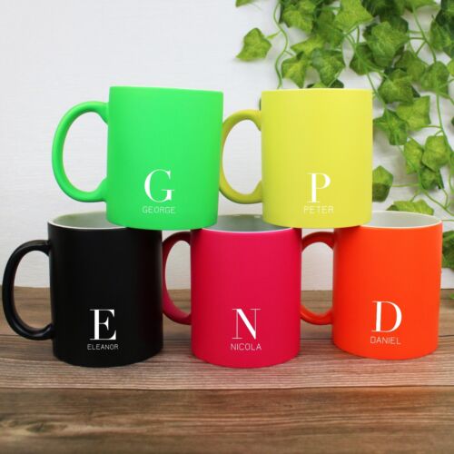 PERSONALISED Neon 310ml Ceramic Coffee Mug Fluorescent Tea Cup - Name & Initial - Afbeelding 1 van 19