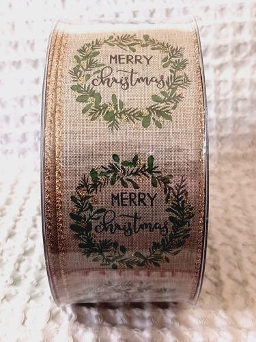 Wired Ribbon MERRY CHRISTMAS Wreath Gold Edging 2.5 Wide 50 Yard Script ...