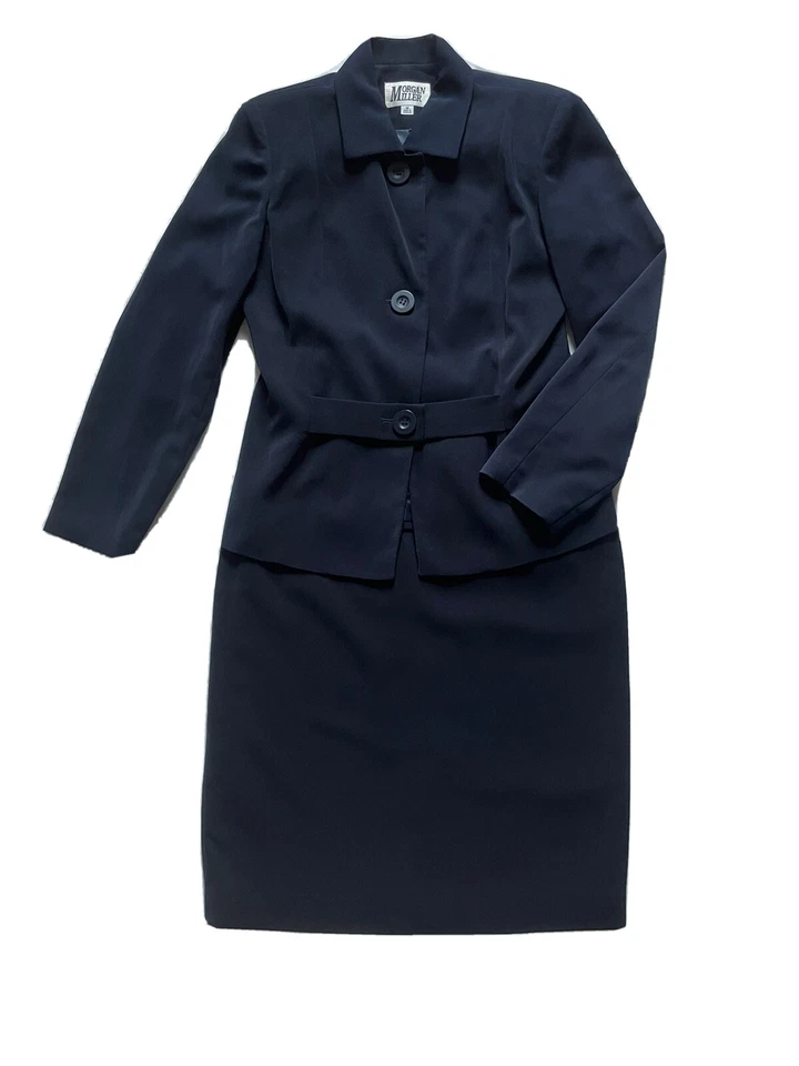 Blazer y falda Morgan Miller 2 piezas azul marino carrera traje talla 10 manga larga forrado Foto 4 de 4