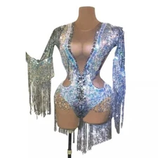 Sparkling Silver Rhinestone SequinTassel Party Bodysuit Dance Jumpsuit Club Bar 