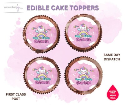 Essbare Cupcake-Topper mit Einhorn-Motiv personalisiert bedruckt Zuckerguss-Reis-Oblate 2 Zoll