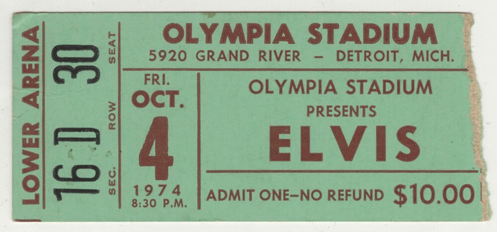 ELVIS PRESLEY Concert Ticket - Detroit, 4 Oct 1974 - 7"x3" reprint