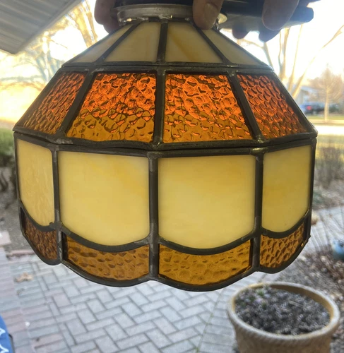 VTG TIFFANY STYLE STAINED GLASS SLAG SHADE IVORY AMBER TULIP CEILING SWAG DRAPE