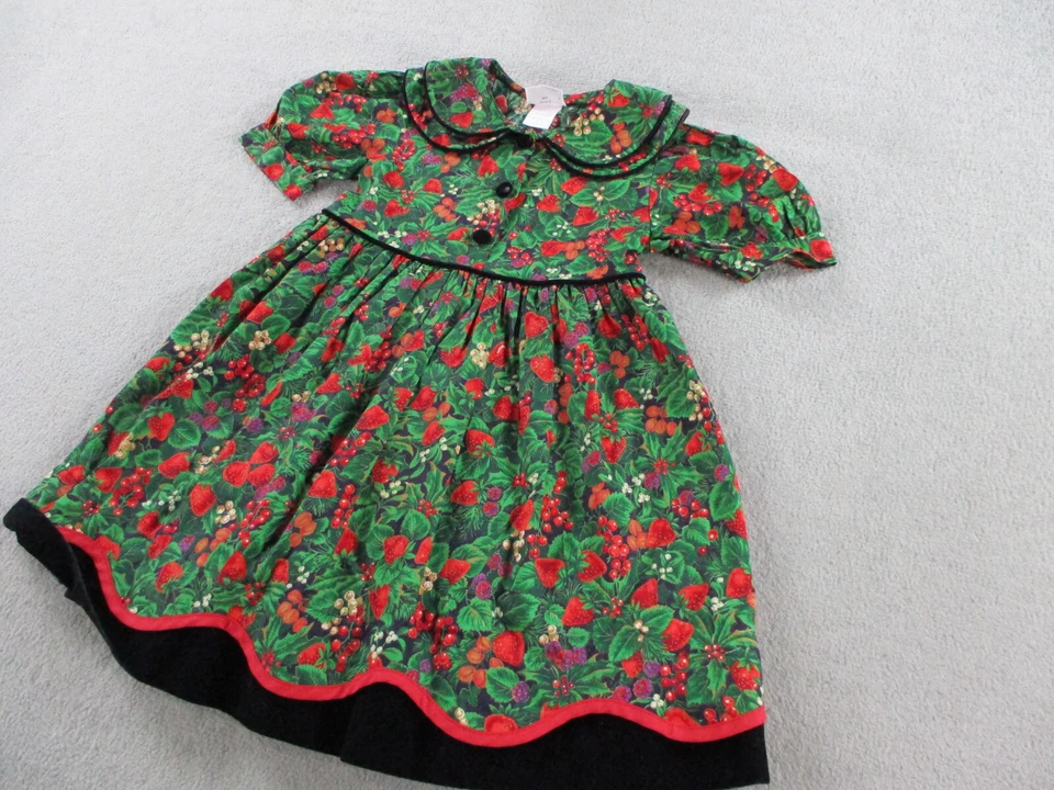 Vestido DE COLECCIÓN Niñas Talla 5 Verde Rojo Fresa Frutado Estampado Casa Hecho en EE. UU. Foto 2 de 4