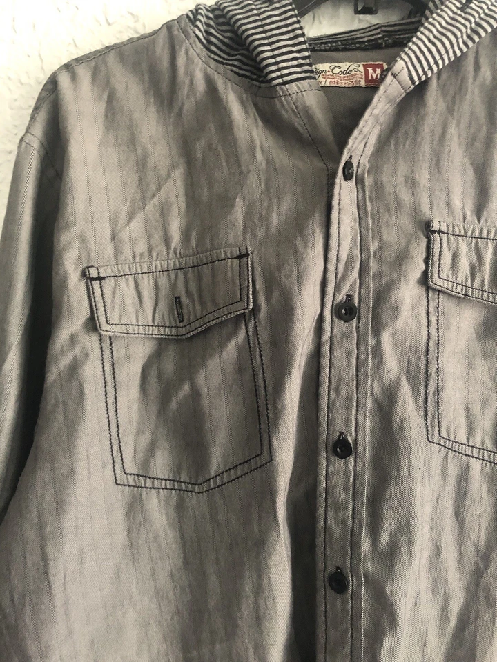 Camisa SOVEREIGN CODE Para Hombre Mediana M Gris Abotonada Manga Larga Rayas Sudadera con Capucha Foto 3 de 4