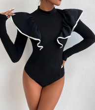 Mock-Neck Bodysuit Layered Exaggerate Butterfly Sleeve Fitted Bodysuit