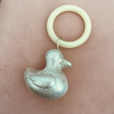 Vintage Nursery Silver Plated Baby Teething Duck Rattle Metal And
