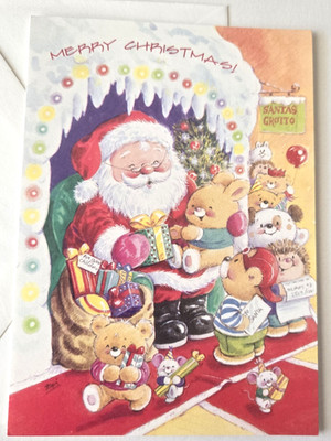 Christmas Card Bunny Sitting on Santa's Lap Bears Hedgehog Puppy Mouse Mice