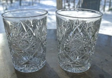Set of 2 American Brilliant Period Hand Cut Glass Hobstar Rock Glasses