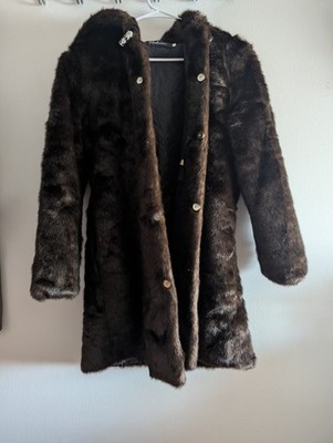 Dark Brown Faux Fur Hooded Parka Jacket with Snap Button Closure Size xs