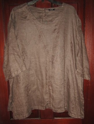 VIVID Plus 1X 100% Linen Top Blouse Shirt Floral Embroidered Brown Soft 3/4 Slv