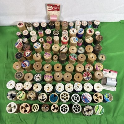 104 Vintage Thread Spools Wooden (1 New Some Green) Styrofoam, Plastic (3 New)