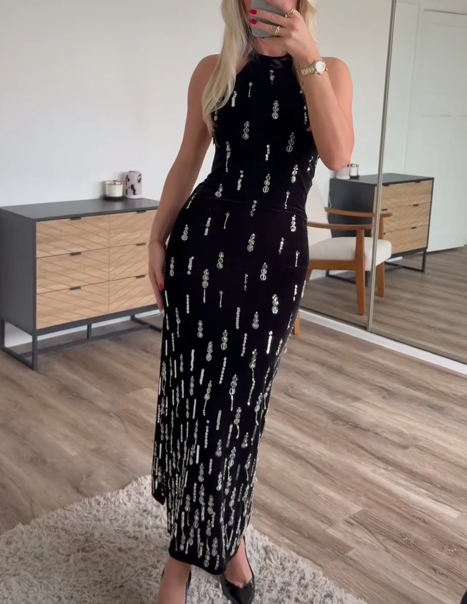 silver beaded bodice dress Beaded Midi Dress with Cap Sleeves 28974 – Sparkly Gowns