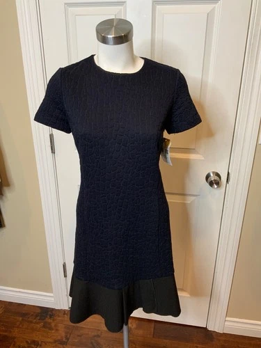 Tory Burch Navy Blue Animal Jacquard Short Sleeve Pencil Dress, Size S