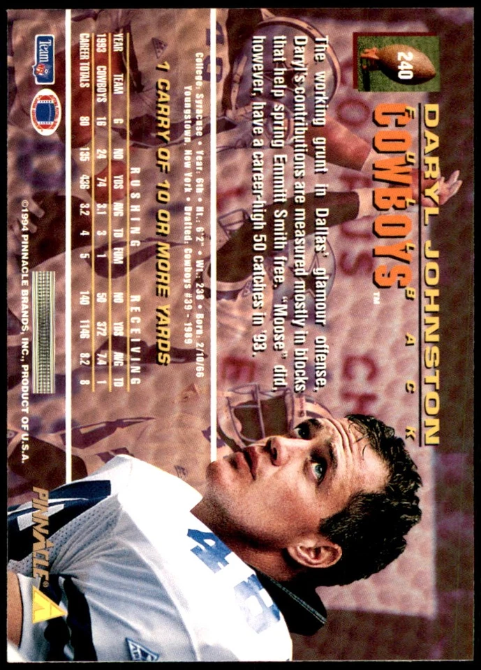 Daryl Johnston 1994 Pinnacle #240 Cowboys NFL READ FREE SHIPPING AutographDen - Image 2 of 2