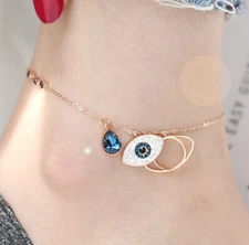 Women Girl Titanium Stainless Steel Blue CZ Evil Eye Anklet Foot Bracelet 9-10.3