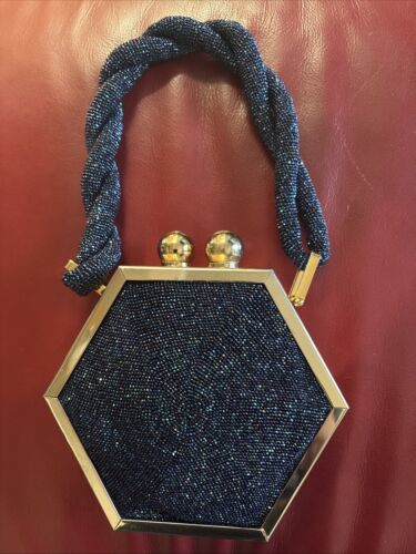 Tyrolean Vintage 1940’s Sapphire Blue Beaded Gold Plated Handbag - Picture 2 of 8