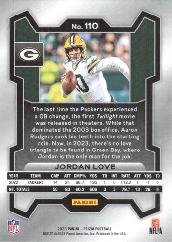 Jordan Love 2023 Prizm Football - #110 - Green Bay Packers - Picture 2 of 2