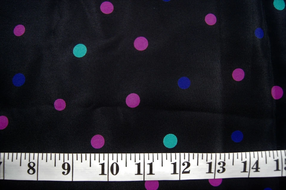 1 Yard Red Blue Green Polka Dot on Black Silky Poly Blend Blouse Fabric 34"X 54" - Image 3 of 3