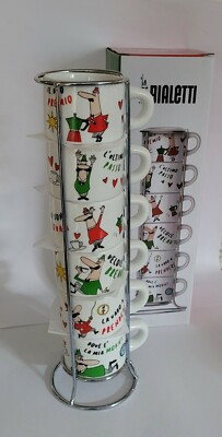 6 Bialetti Mokka Figur Porzellan stapelbare Espressotassen 60ml Kaffeetasse