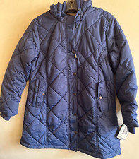 New Totes Women's Navy Blue Pm Puffer Quilted Coat Knee Length Removable Hood