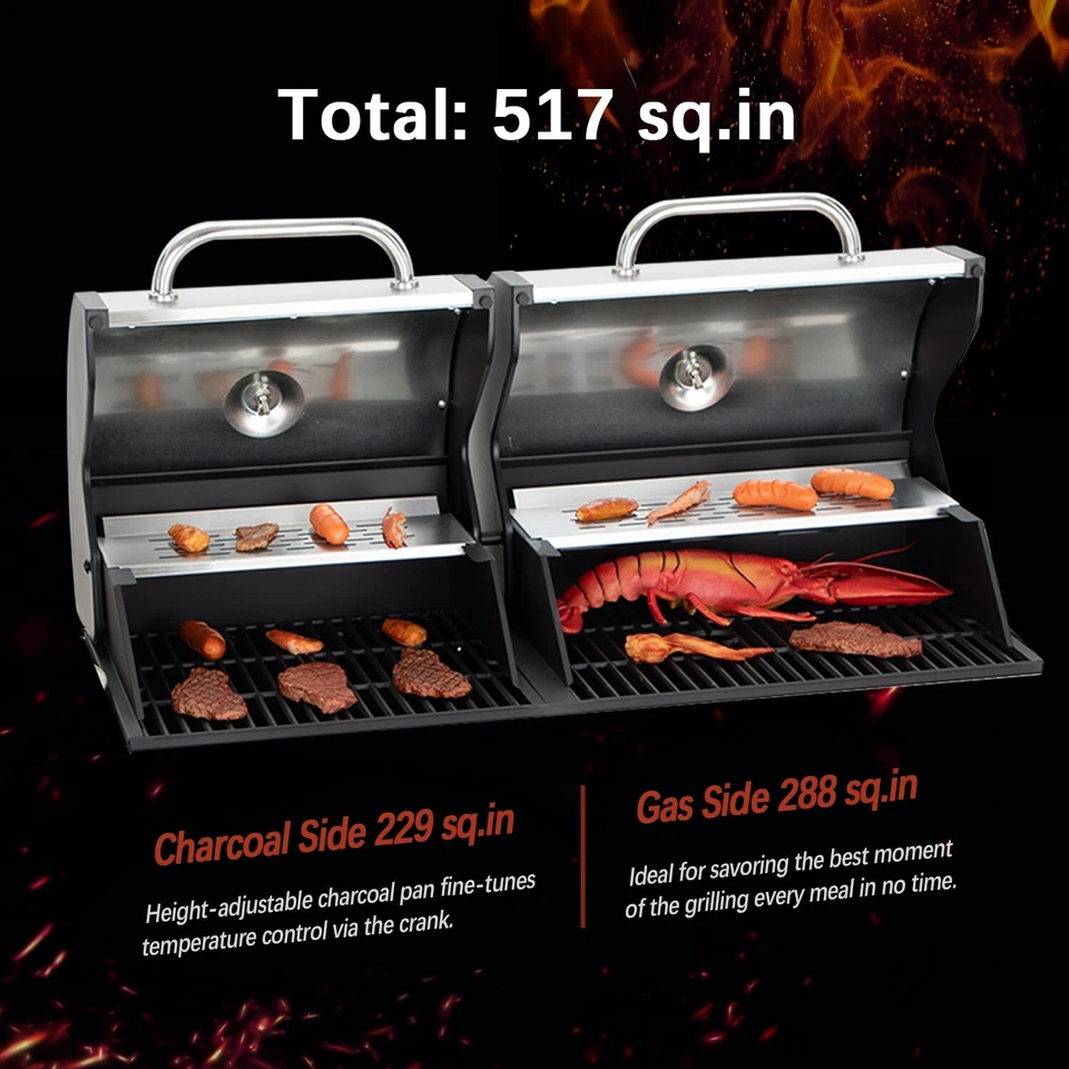 Parrilla de barbacoa de doble combustible propano gas y carbón con quemador lateral exterior negra Foto 3 de 4