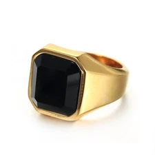 18K Gold Stainless Steel Signet Ring Black Agate Wedding Ring for Men Biker Band