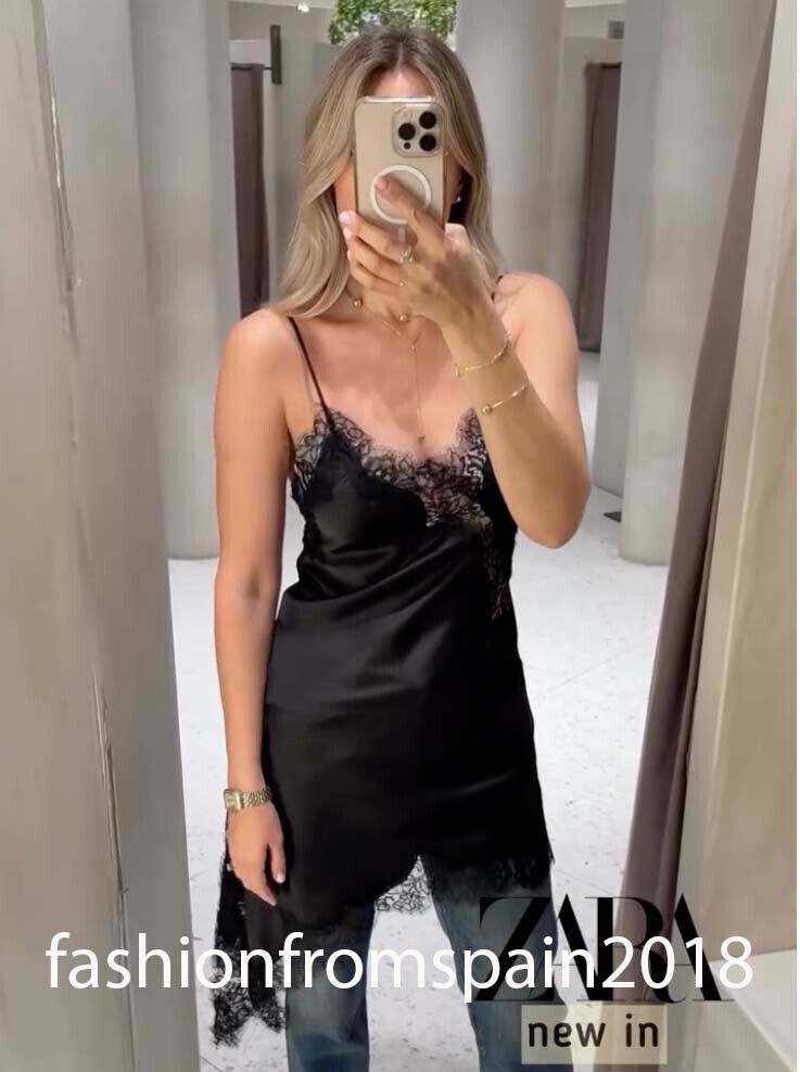ZARA NEW WOMAN STRAPPY SHORT SATIN ZW ASYMMETRIC LACE DRESS