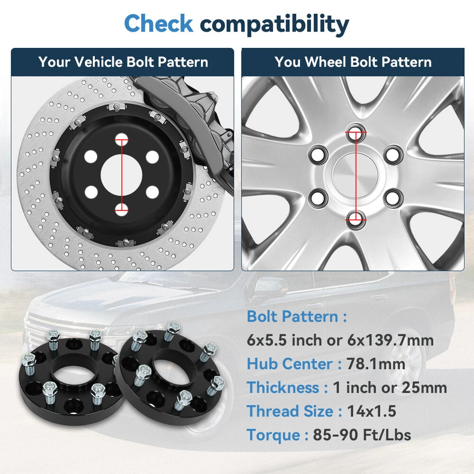 Espaçadores de roda central cubo 2 peças 1" 6x5,5 para Chevy Silverado Sierra 1500 1999-2025 - Imagem 2 de 4