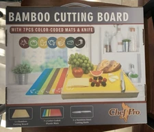 Chef Pro Bamboo Cutting Board 1.5" x 15.75" x 13.25 Color Coded Mats and Knife