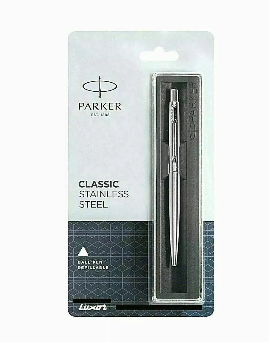 Parker Classic Stainless Steel Chrome Trim Slim Ball Point Pen Blue Ink