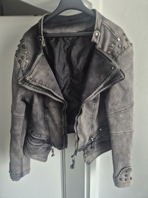 Graue Jeansjacke Nieten Größe L 40 42 XL Damen Jacke Biker Stil Acid Wash Neu