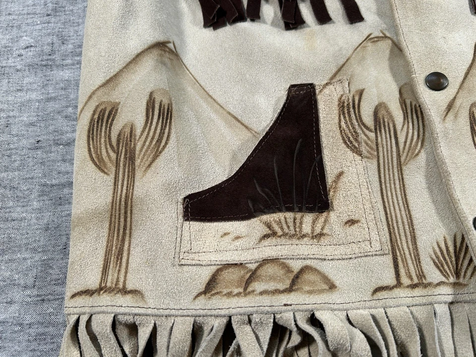 Western Horse Fringe Pyrography Vest Womens Tan Brown Desert Cactus Mountains - Image 3 of 4