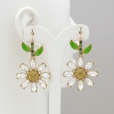Betsey Johnson Earrings Gold Tone Crystal Daisy Drop Floral Leverback