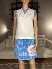 Vintage 70s 2 Piece Mini Skirt  Top Set Gingham Check Flower Applique Pocket
