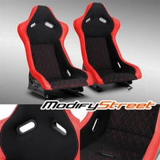 Universal Main Black+Red Side PVC Sport Reclinable Racing Seats Pair Left+Right