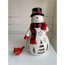 Light Up Ceramic Snowman Lantern with Wooden Cardinal Holiday Decor Tabletop
