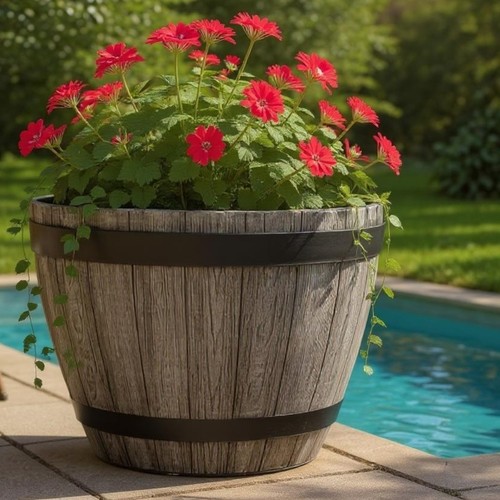 Oversized 52L Rustic Barrel-Style Whisky Planter – Grand XXL Round Garden Pot - Picture 7 of 8