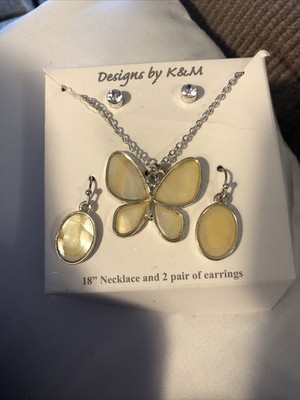 K & M Design - Yellow Butterfly 18  Necklace & 2 Prs Earring Set