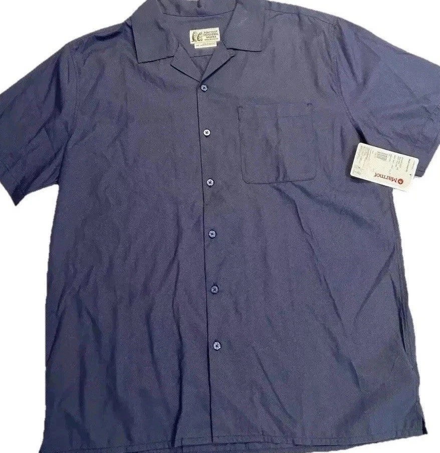 New Marmot Shirt Mountain Works Muir Camp L Navy Blue SS Hiking Camping