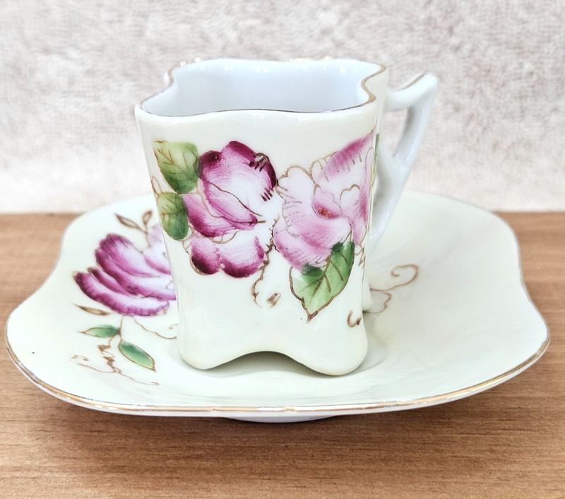 Vintage Fern Japan Hand Painted Demitasse Cup and Saucer Unique Shape RARE