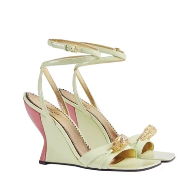 Gucci 37/ US 7 Two-Toned Dora Embellished Crystal Wedge Green Sandals NIB $1,250 - Image 1 of 4