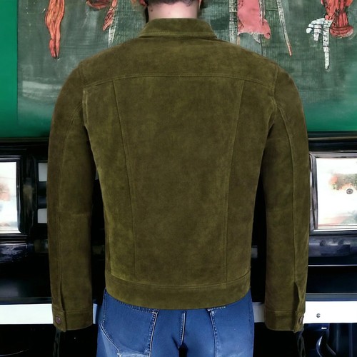 Men's Suede Leather Jacket Trucker Olive Green Genuine Classic Denim Style Shirt - Picture 4 of 9