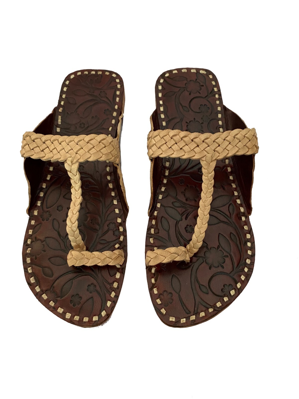 Womens Brown Leather Embossed Indian Kolhapuri Sandals Slippers Shoes Handmade