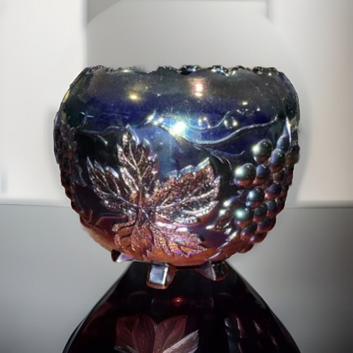 Antique Dugan Blue Grape Delight Footed Carnival Glass Rose Bowl Beautiful Color - Picture 3 of 6